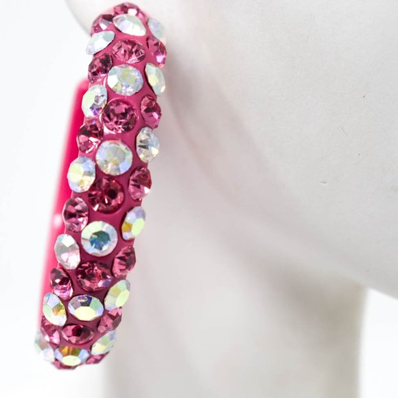 2" Pink Diagonal AB/Pink Rhinestones Hoop Earrings - Picture 4 of 9